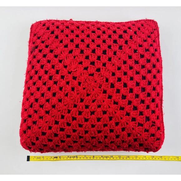 Vintage Pillow Handmade Crochet Knit Boho Granny Retro Red W/ Insert Cover 17” - Picture 4 of 6